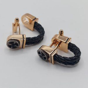 SteamPunk Style Gear Head Screw Black Leather Gold Cuff links, Men's Cufflinks